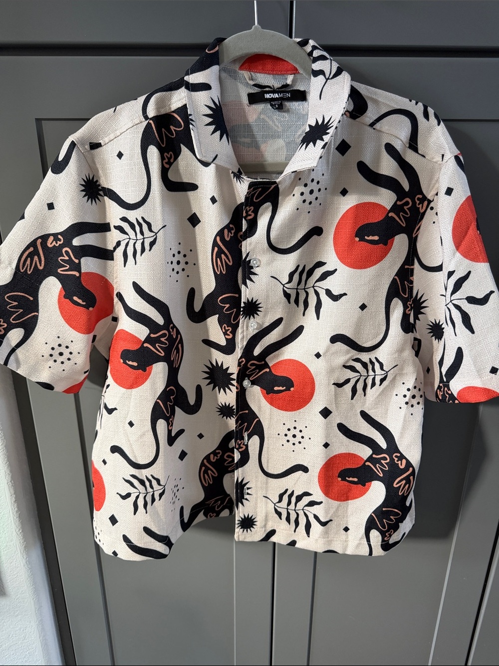 Fashion Nova Cream Short-Sleeve Button-Down with Black & Red Graphic Print